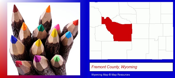 colored pencils; Fremont County, Wyoming highlighted in red on a map