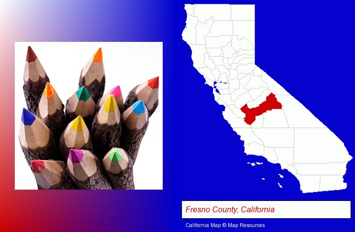 colored pencils; Fresno County, California highlighted in red on a map