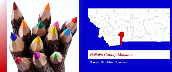colored pencils; Gallatin County, Montana highlighted in red on a map