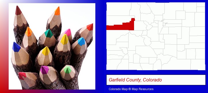 colored pencils; Garfield County, Colorado highlighted in red on a map