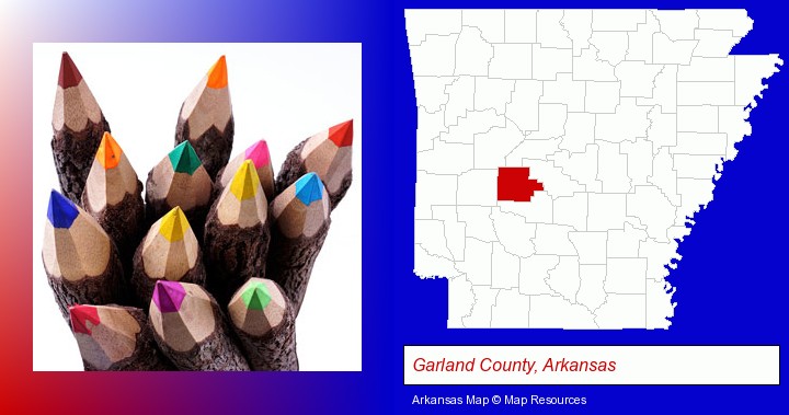 colored pencils; Garland County, Arkansas highlighted in red on a map