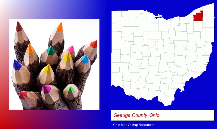 colored pencils; Geauga County, Ohio highlighted in red on a map