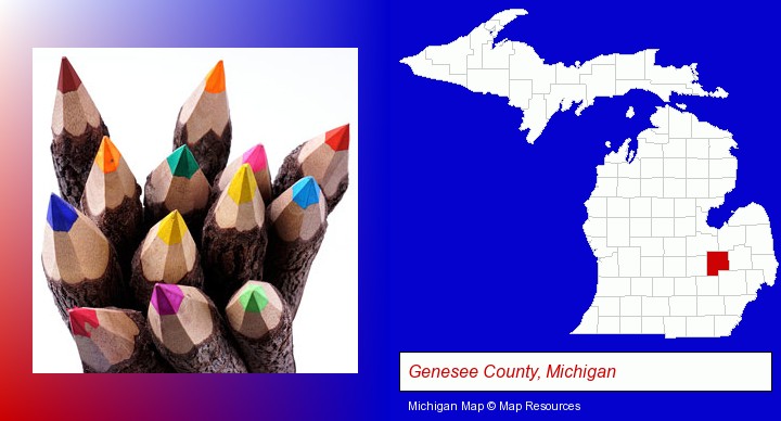 colored pencils; Genesee County, Michigan highlighted in red on a map
