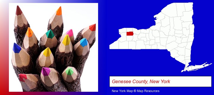 colored pencils; Genesee County, New York highlighted in red on a map