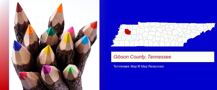 colored pencils; Gibson County, Tennessee highlighted in red on a map