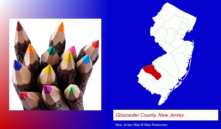 colored pencils; Gloucester County, New Jersey highlighted in red on a map