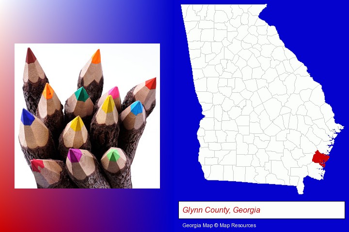 colored pencils; Glynn County, Georgia highlighted in red on a map