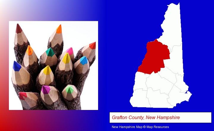 colored pencils; Grafton County, New Hampshire highlighted in red on a map