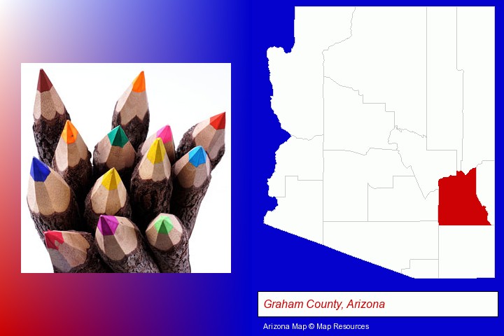colored pencils; Graham County, Arizona highlighted in red on a map