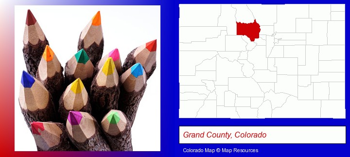 colored pencils; Grand County, Colorado highlighted in red on a map