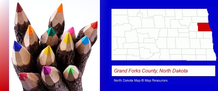 colored pencils; Grand Forks County, North Dakota highlighted in red on a map