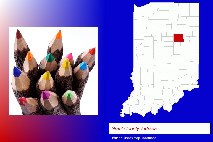 colored pencils; Grant County, Indiana highlighted in red on a map