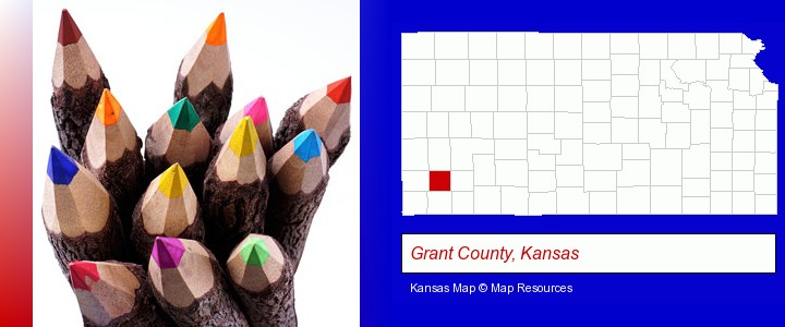 colored pencils; Grant County, Kansas highlighted in red on a map