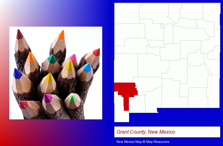 colored pencils; Grant County, New Mexico highlighted in red on a map