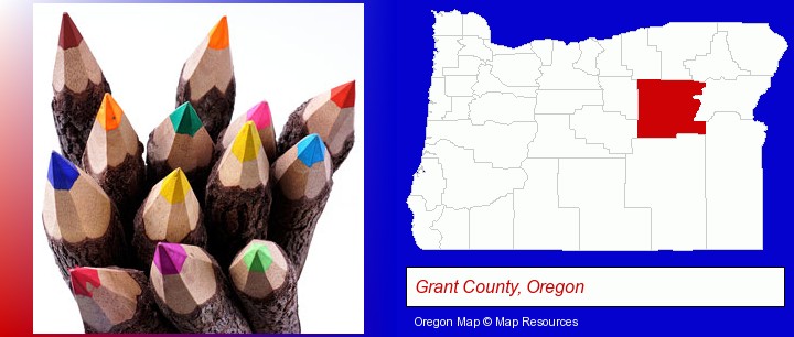 colored pencils; Grant County, Oregon highlighted in red on a map