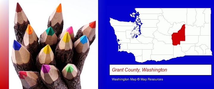 colored pencils; Grant County, Washington highlighted in red on a map