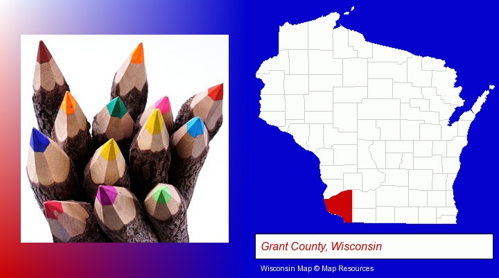 colored pencils; Grant County, Wisconsin highlighted in red on a map