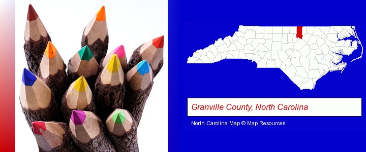 colored pencils; Granville County, North Carolina highlighted in red on a map