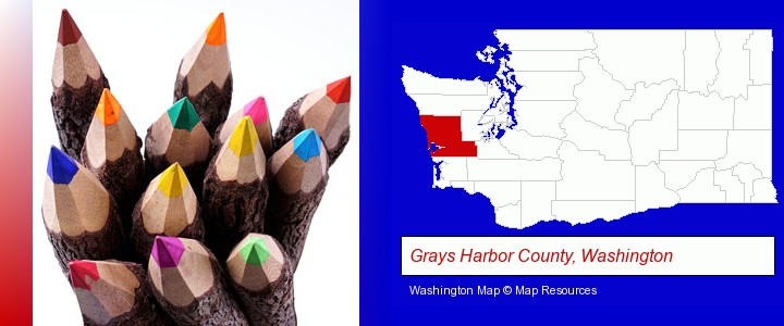 colored pencils; Grays Harbor County, Washington highlighted in red on a map