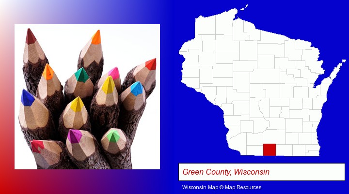 colored pencils; Green County, Wisconsin highlighted in red on a map