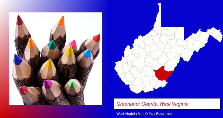 colored pencils; Greenbrier County, West Virginia highlighted in red on a map