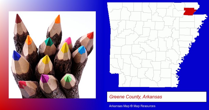 colored pencils; Greene County, Arkansas highlighted in red on a map
