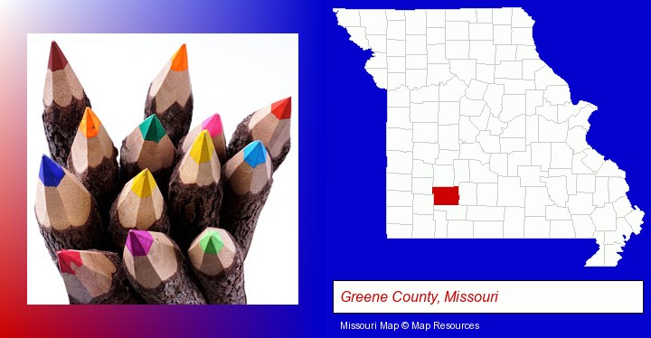 colored pencils; Greene County, Missouri highlighted in red on a map