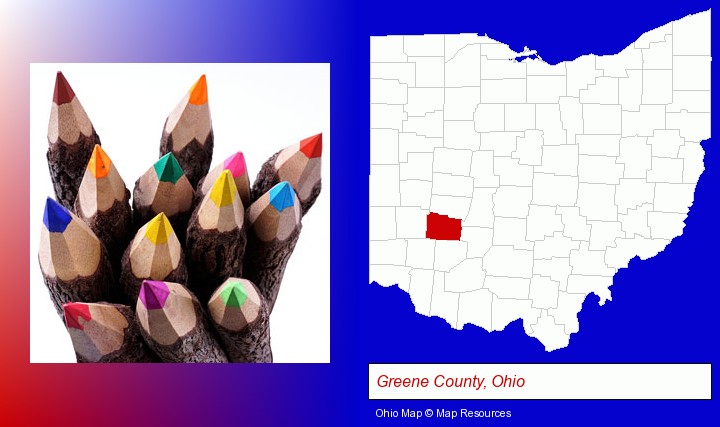 colored pencils; Greene County, Ohio highlighted in red on a map