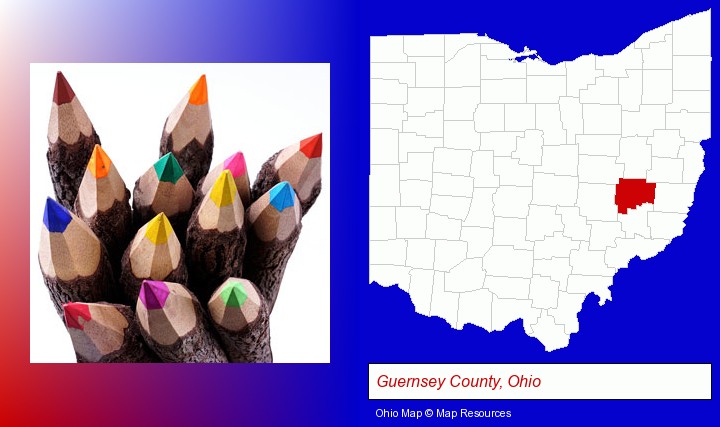 colored pencils; Guernsey County, Ohio highlighted in red on a map