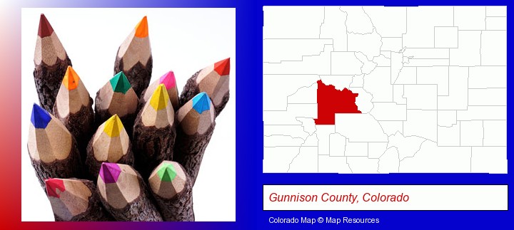 colored pencils; Gunnison County, Colorado highlighted in red on a map