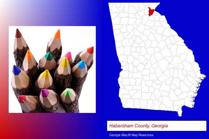 colored pencils; Habersham County, Georgia highlighted in red on a map