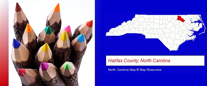 colored pencils; Halifax County, North Carolina highlighted in red on a map