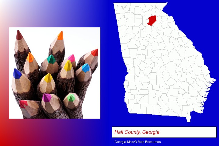 colored pencils; Hall County, Georgia highlighted in red on a map