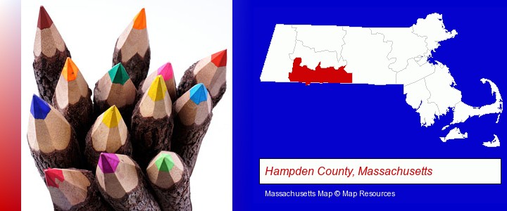 colored pencils; Hampden County, Massachusetts highlighted in red on a map