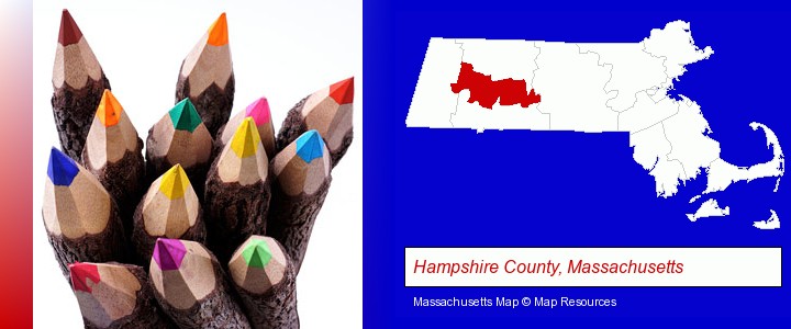 colored pencils; Hampshire County, Massachusetts highlighted in red on a map