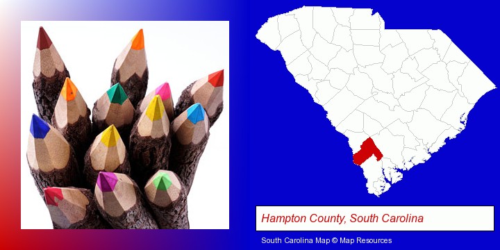 colored pencils; Hampton County, South Carolina highlighted in red on a map