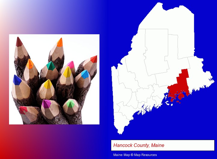 colored pencils; Hancock County, Maine highlighted in red on a map