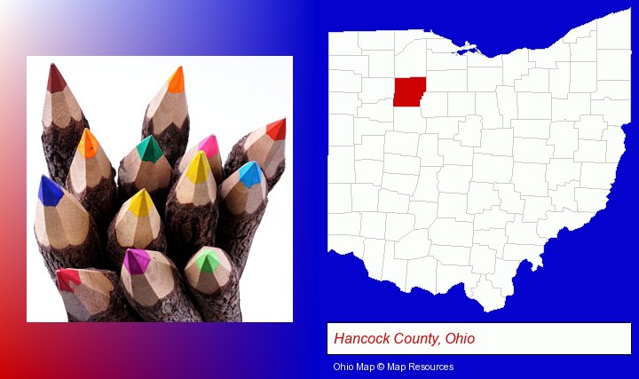 colored pencils; Hancock County, Ohio highlighted in red on a map