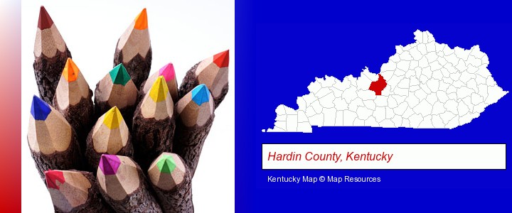 colored pencils; Hardin County, Kentucky highlighted in red on a map