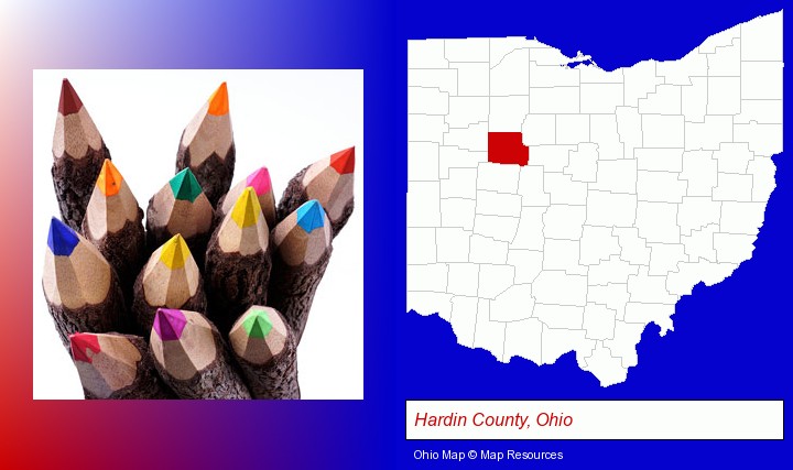 colored pencils; Hardin County, Ohio highlighted in red on a map