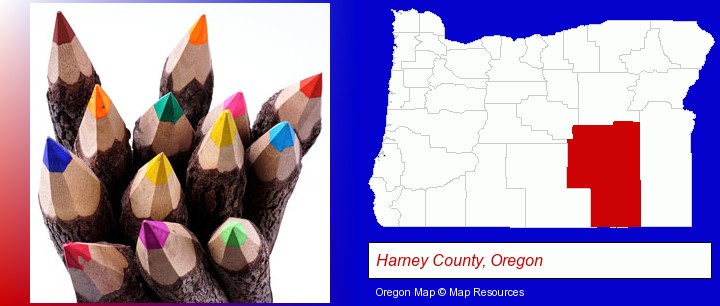 colored pencils; Harney County, Oregon highlighted in red on a map