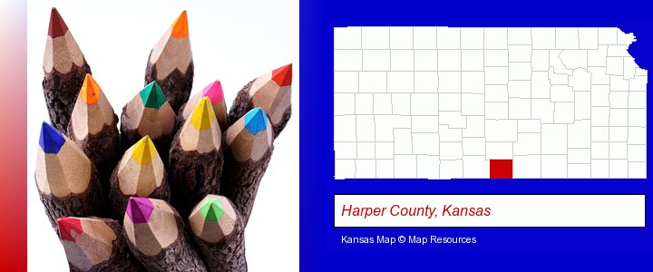 colored pencils; Harper County, Kansas highlighted in red on a map