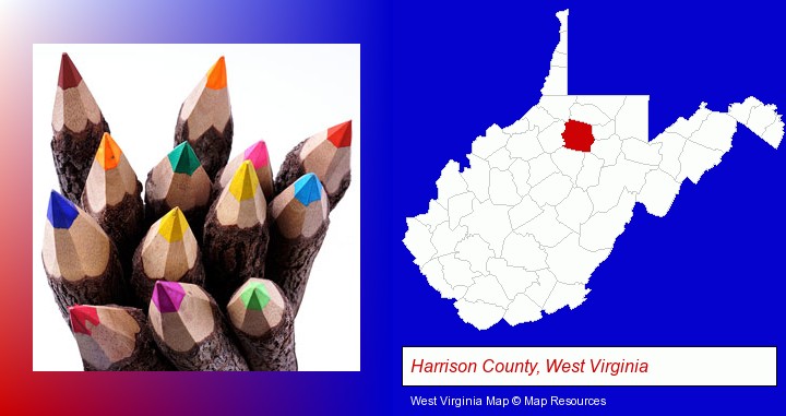 colored pencils; Harrison County, West Virginia highlighted in red on a map