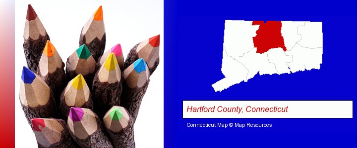 colored pencils; Hartford County, Connecticut highlighted in red on a map