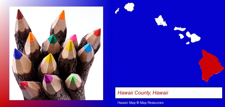 colored pencils; Hawaii County, Hawaii highlighted in red on a map