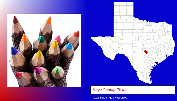 colored pencils; Hays County, Texas highlighted in red on a map