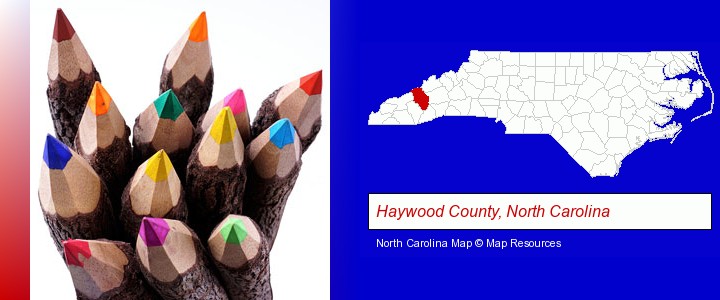 colored pencils; Haywood County, North Carolina highlighted in red on a map