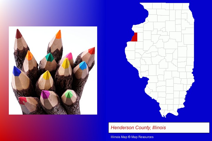 colored pencils; Henderson County, Illinois highlighted in red on a map