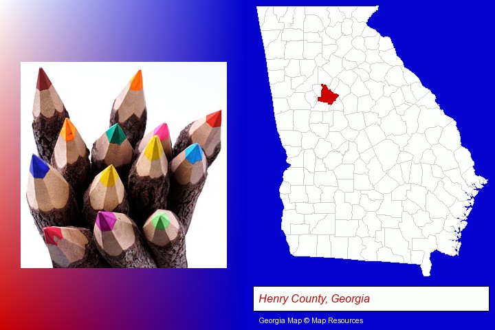 colored pencils; Henry County, Georgia highlighted in red on a map