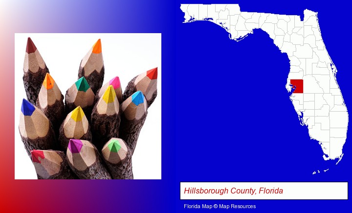 colored pencils; Hillsborough County, Florida highlighted in red on a map